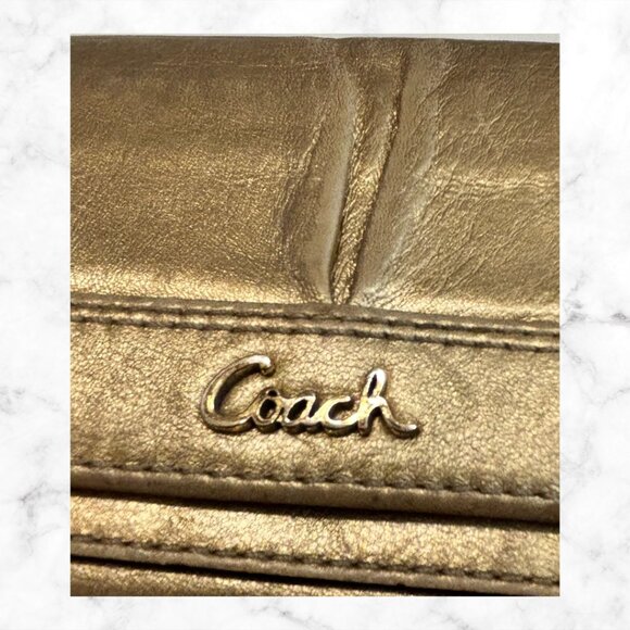 COACH Metallic Gold Leather Wallet | Snap Closure Billfold with Card Slots - Picture 2 of 10